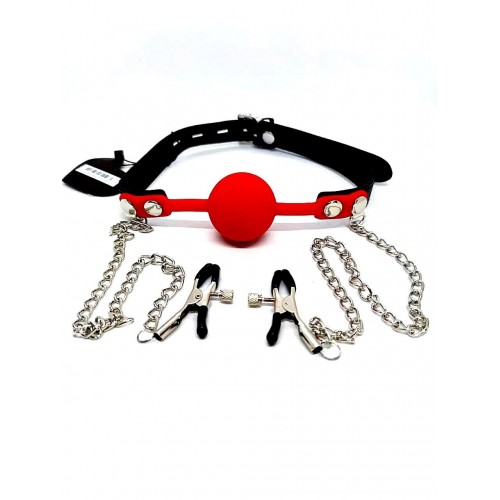 Кляп із затискачами на соски DS Fetish Locking gag with nipple clamps black/red