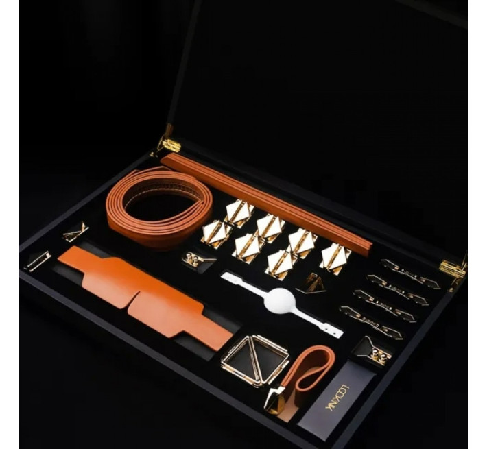 Набір девайсів для БДСМ Lockink, натуральна шкіра та метал, коричневий, 7 предметів