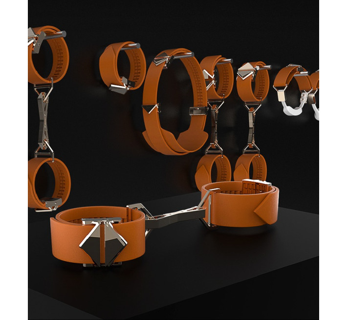 Набір девайсів для БДСМ Lockink, натуральна шкіра та метал, коричневий, 7 предметів