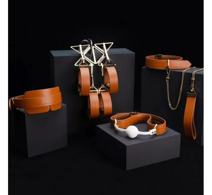 Набір девайсів для БДСМ Lockink, натуральна шкіра та метал, коричневий, 7 предметів