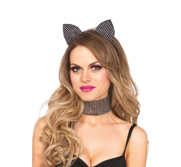 Набір кішечки зі стразами Leg Avenue Cat ear headband & choker set, широкий чокер та вушка