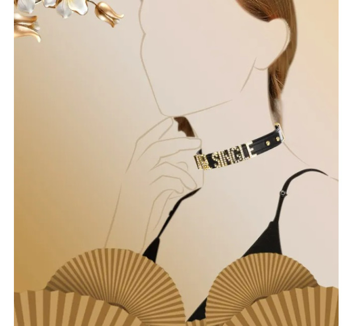 Чокер із золотими літерами SMD зі стразами Lockink Sevanda, шкіряний, чорний