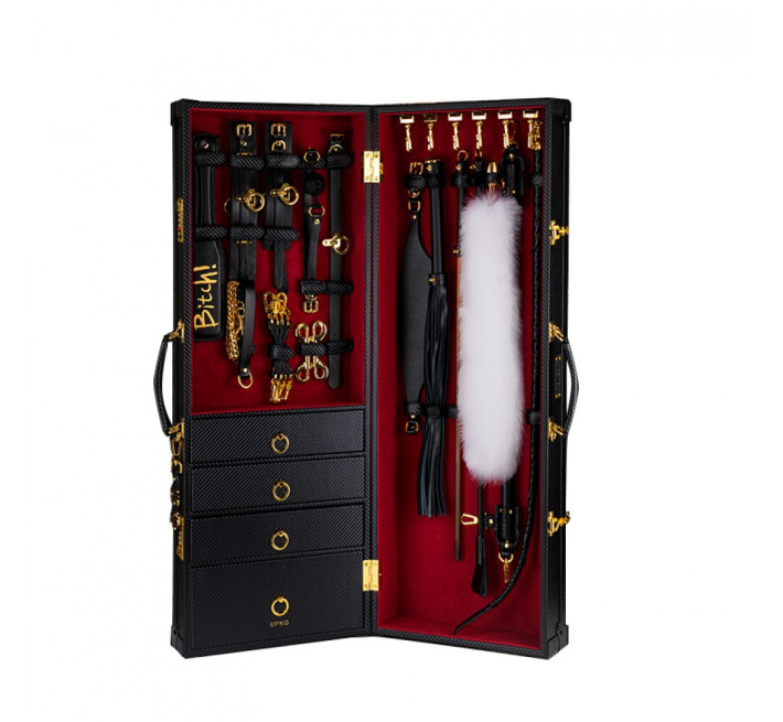 Шкаф-чемодан для БДСМ аксессуаров Upko, из итальянской кожи, черный, 14 предметов