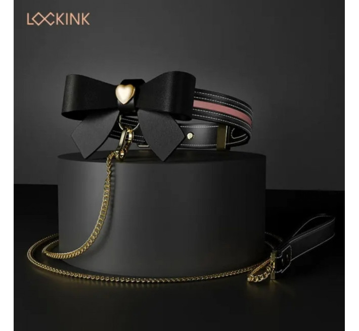 Нашийник з бантиком та повідцем Lockink Sevanda, шкіра та метал, чорний
