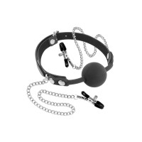 Кляп с силиконовым шариком и зажимами для сосков Fetish Tentation Gag Ball with Nipple Clamps