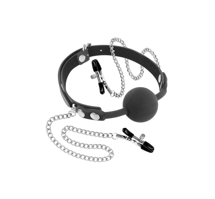 Кляп с силиконовым шариком и зажимами для сосков Fetish Tentation Gag Ball with Nipple Clamps