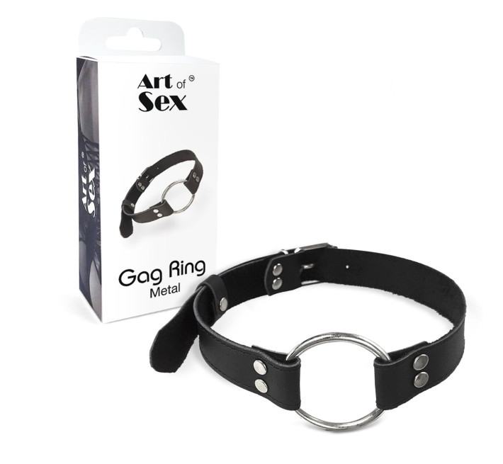 Кляп металлическое кольцо на ремнях Art of Sex – Gag Ring Metal, черный, натуральная кожа