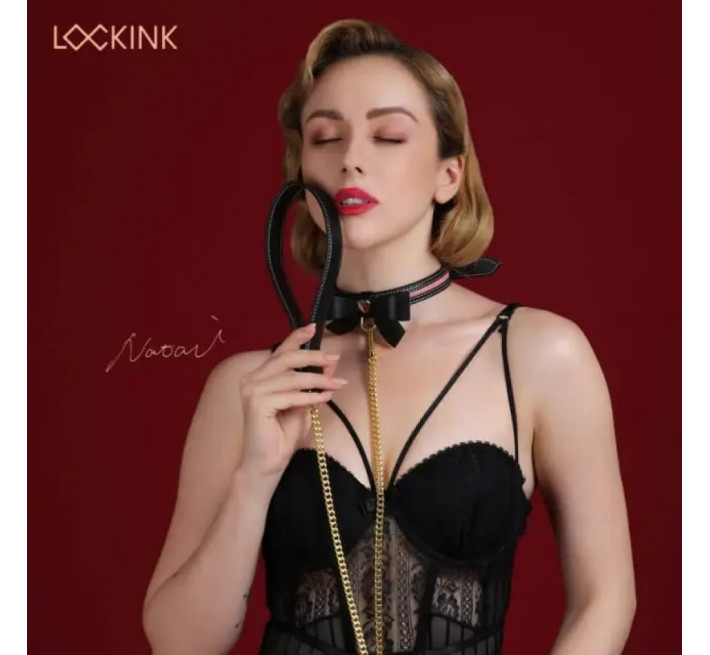 Нашийник з бантиком та повідцем Lockink Sevanda, шкіра та метал, чорний