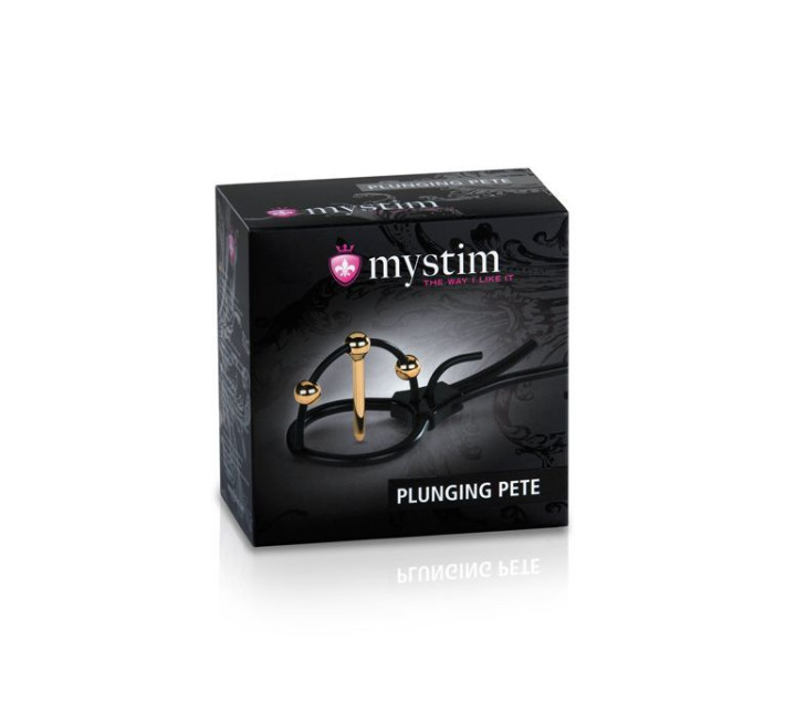 Утяжка для пениса Mystim Plunging Pete, позолоченная, с двумя шариками и коротким уретральным зондом