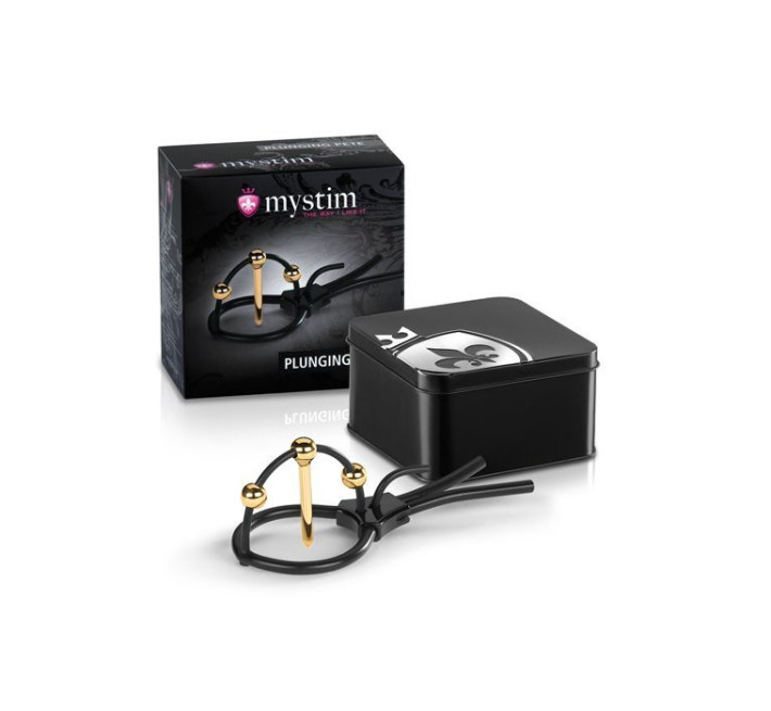 Утяжка для пениса Mystim Plunging Pete, позолоченная, с двумя шариками и коротким уретральным зондом