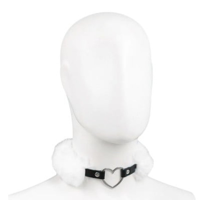 Ошейник DS Fetish с кольцом-сердечком и белым мехом
