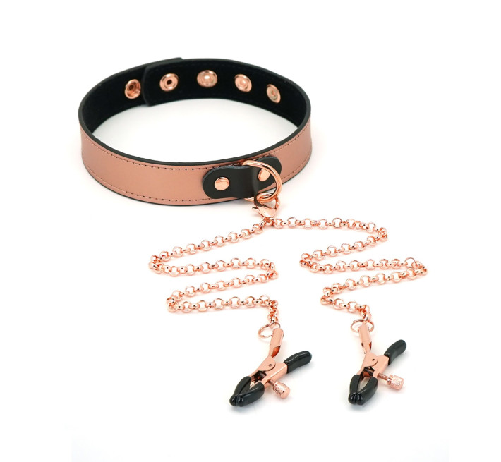 Нашийник із затискачами для сосків Liebe Seele Rose Gold Memory Collar with Nipple Clamps, шкіра