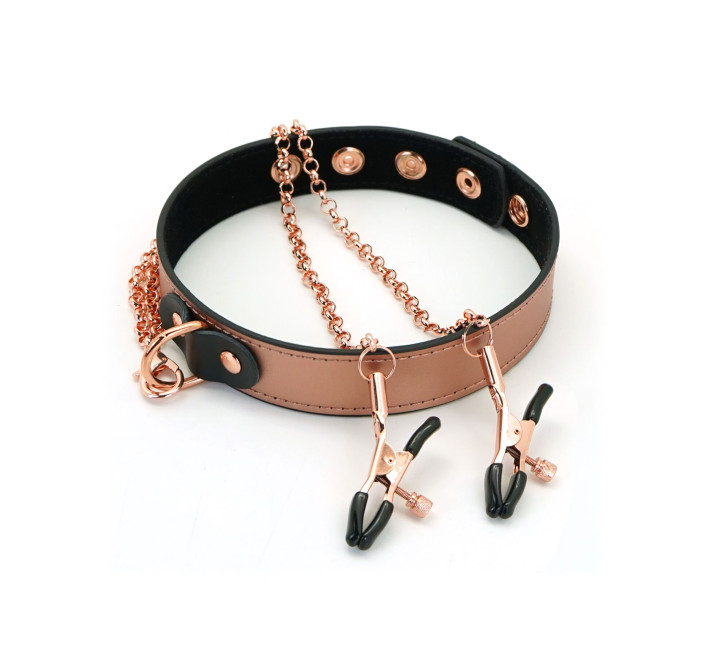Нашийник із затискачами для сосків Liebe Seele Rose Gold Memory Collar with Nipple Clamps, шкіра
