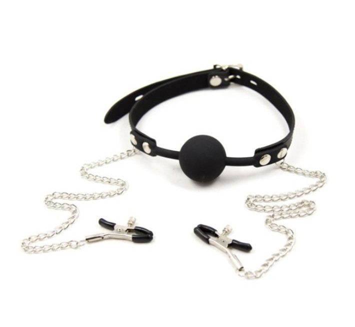 Кляп із затискачами на соски DS Fetish Locking gag with nipple clamps black