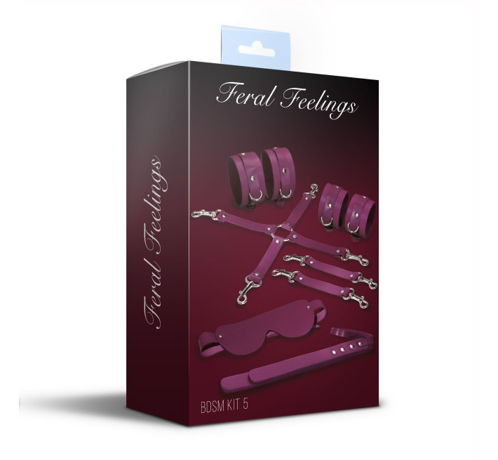 Набір Feral Feelings BDSM Kit 5 Burgundy, наручники, поножі, хрестовина, маска, падл