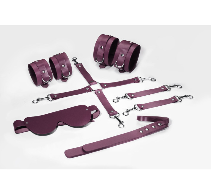 Набір Feral Feelings BDSM Kit 5 Burgundy, наручники, поножі, хрестовина, маска, падл