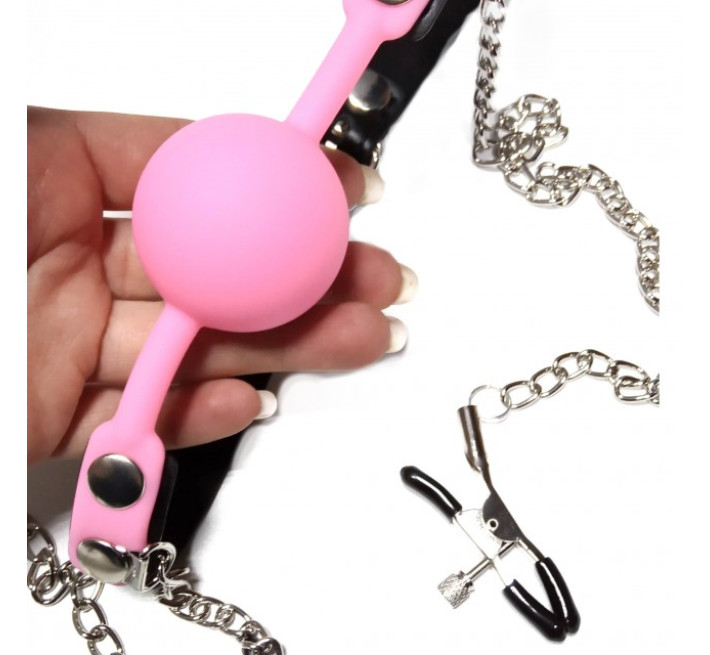 Кляп із затискачами на соски DS Fetish Locking gag with nipple clamps black/pink