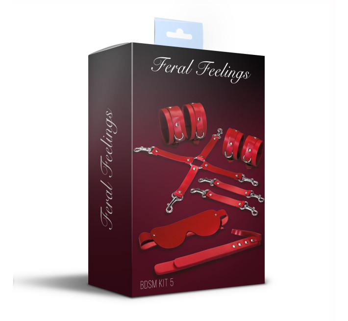 Набор Feral Feelings BDSM Kit 5 Red, наручники, поножи, крестовина, маска, паддл