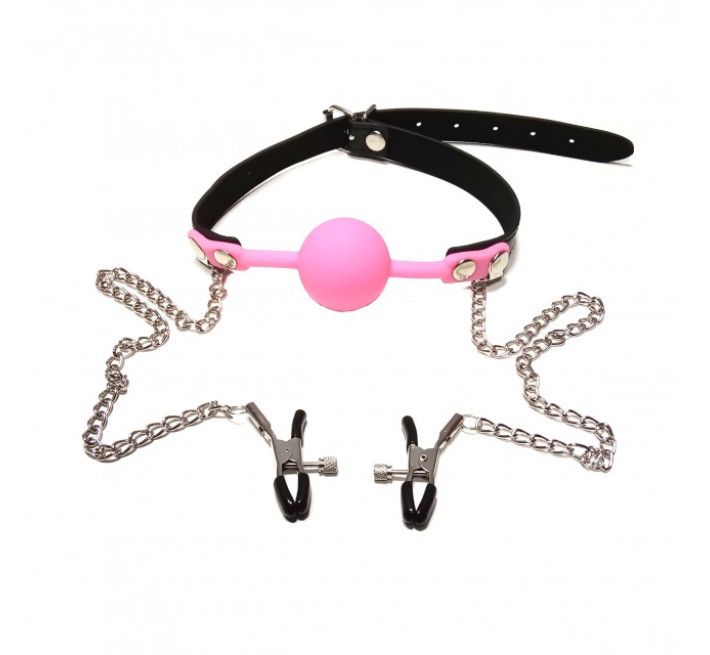 Кляп із затискачами на соски DS Fetish Locking gag with nipple clamps black/pink