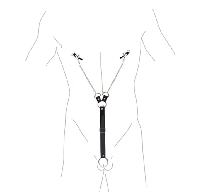 Затискачі для сосків з фіксацією на мошонці Еко шкіра Art of Sex Nipple Clamps for Men