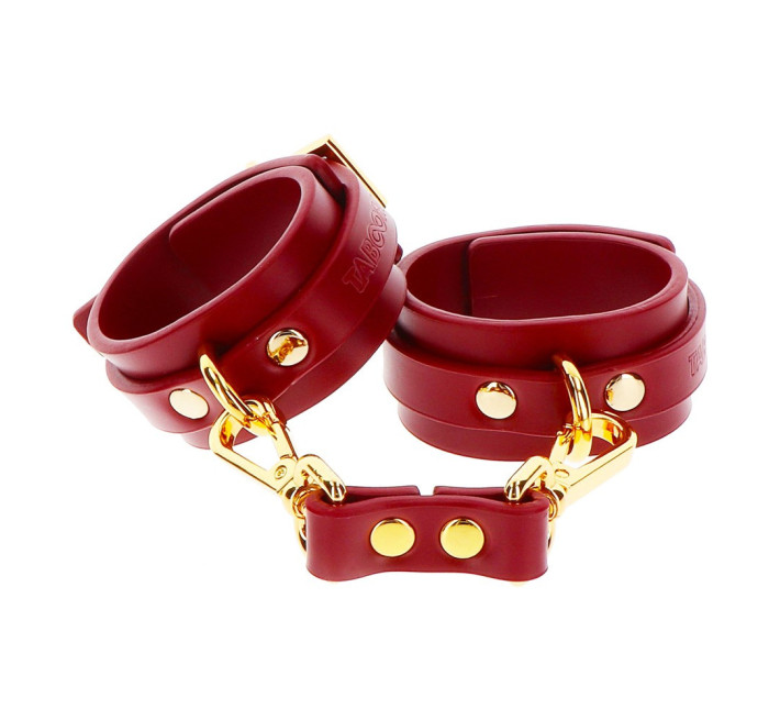 Наручники с карабинами Taboom красные, золотистая фурнитура.