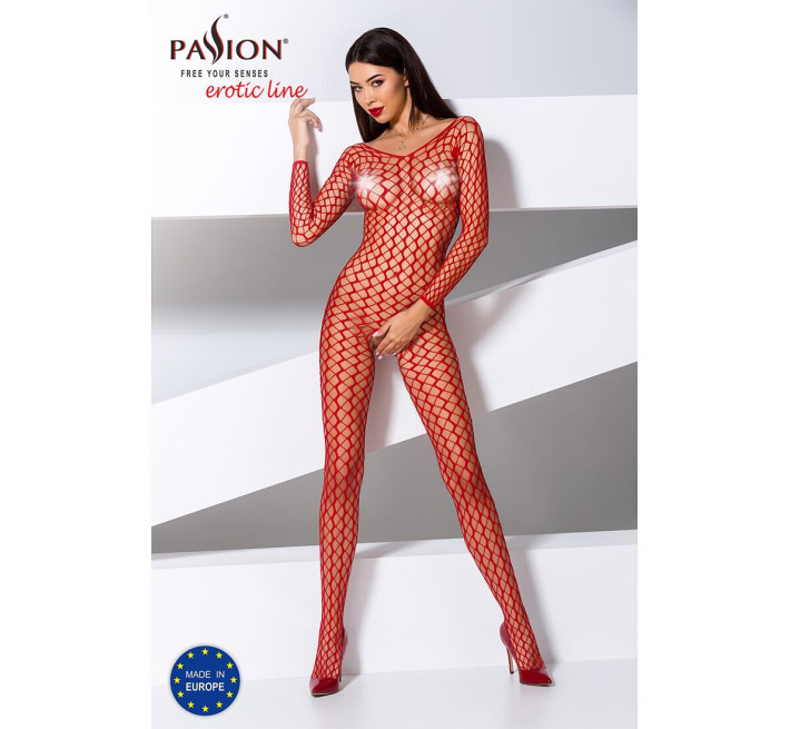 Бодістокінг Passion BS068 red, комбінезон, велика сітка, довгий рукав