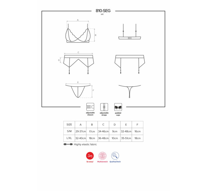 Кружевной комплект белья Obsessive 810-SEG-1 бюстгальтер, стринги, пояс для чулок Black S/M
