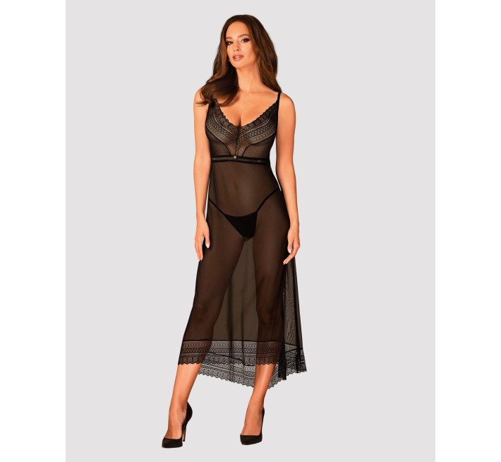 Напівпрозора довга сорочка Obsessive Estiqua chemise чорна XL/2XL