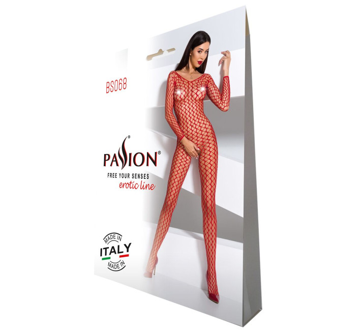 Бодістокінг Passion BS068 red, комбінезон, велика сітка, довгий рукав