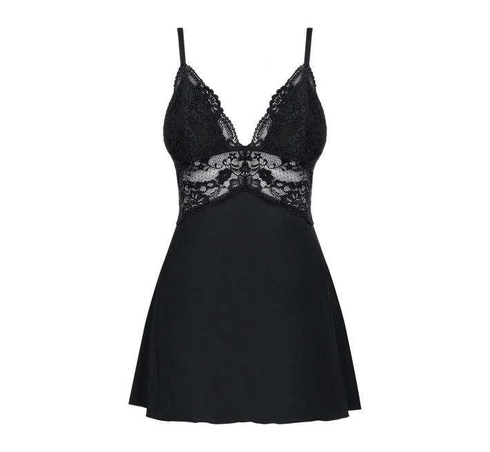 Сатиновий пеньюар з мереживом Obsessive 810-BAB-1 babydoll & thong чорний L/XL