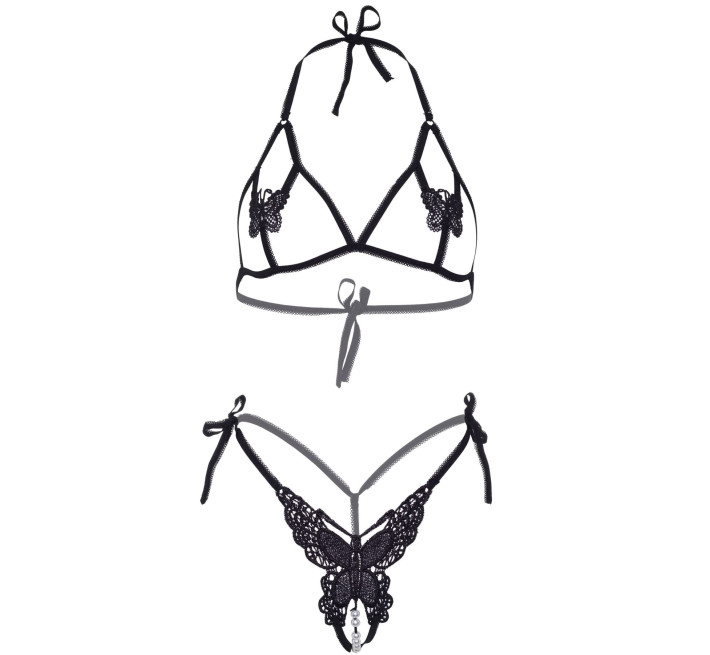 Еротичний комплект з відкритою чашкою Leg Avenue Open cup bra and pearl panty One Size Black