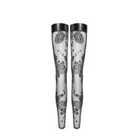 Панчохи без миска Noir Handmade F243 Tulle stockings with patterned flock embroidery, L