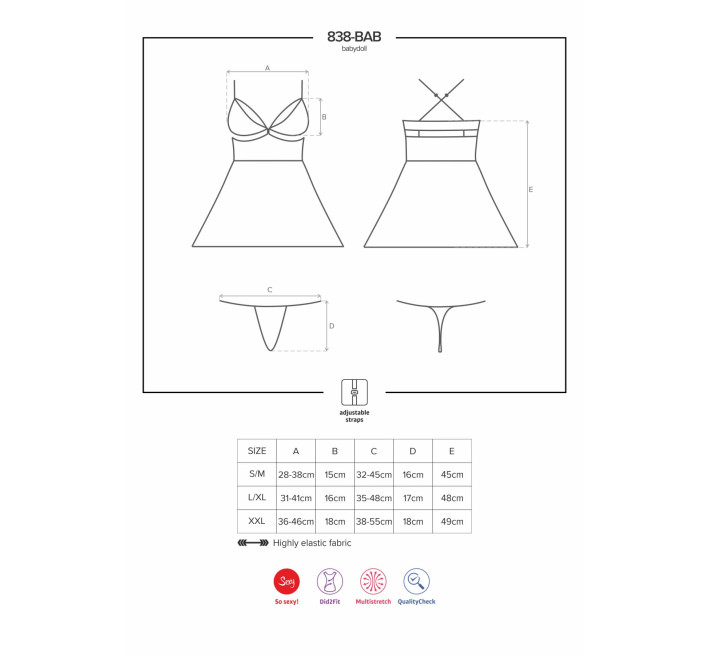 Еротичний мереживний комплект із сіточкою Obsessive 838-BAB-1 babydoll & thong black XXL