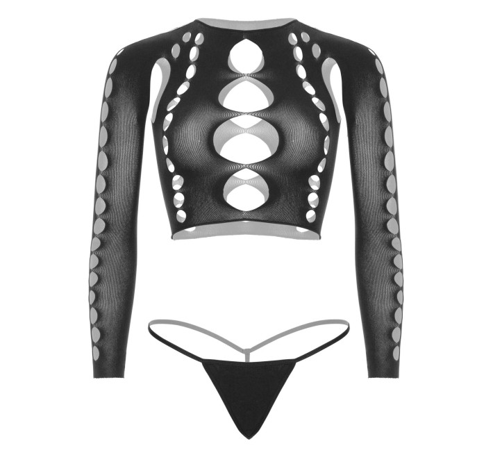 Комплект бесшовного белья Leg Avenue Long sleeve crop top & string Black, One Size, топ, стринги