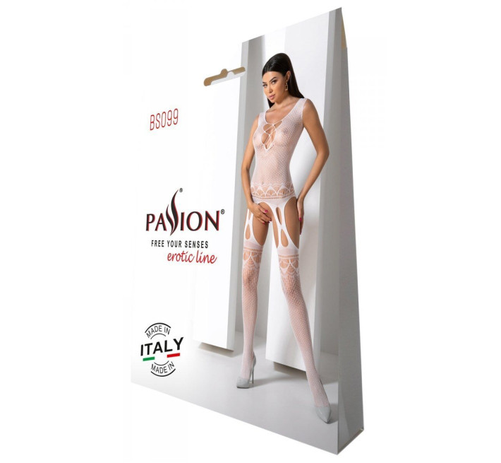Бодистокинг с плетением на груди Passion BS099 One Size, white, открытый доступ, имитация подвязок