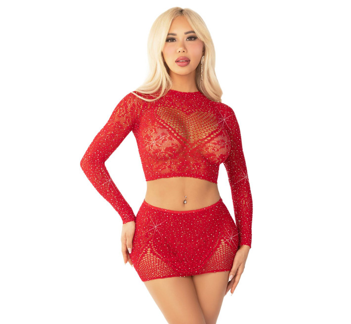 Комплект Leg Avenue Rhinestone Crop Top and Mini Skirt One Size, Red