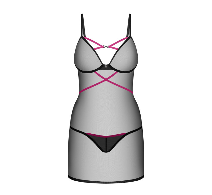 Пеньюар Obsessive Novenes chemise & thong, XL/2XL, обтислий, прозорий, зі стрепами, стрінги в компле
