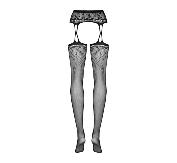 Чулки-стокинги с растительным рисунком Obsessive Garter stockings S206 черные S/M/L