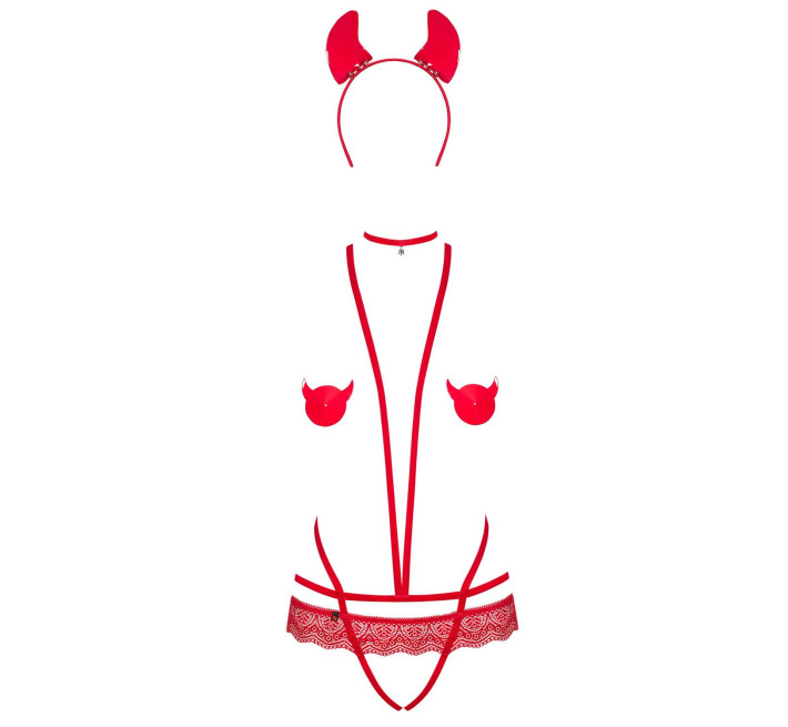 Эротический костюм чёртика со стрепом Obsessive Evilia teddy красный L/XL