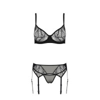 Комплект Passion LEAFA SET black, XXL/XXXL, кружево+сетка, бюстгальтер на косточках, стринги, пояс для чулок