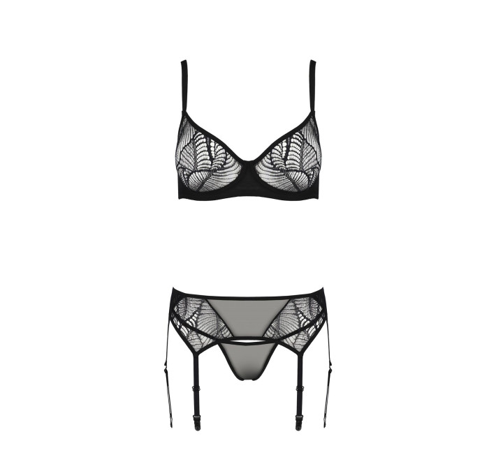 Комплект Passion LEAFA SET black, XXL/XXXL, кружево+сетка, бюстгальтер на косточках, стринги, пояс для чулок