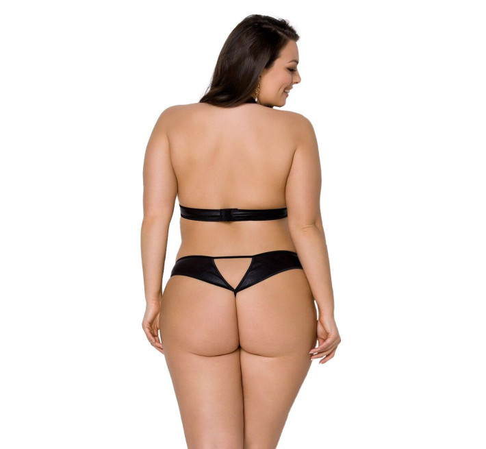 Комплект из экокожи Passion Malwia Set with Open Bra 4XL/5XL black, топ и трусики с люверсами