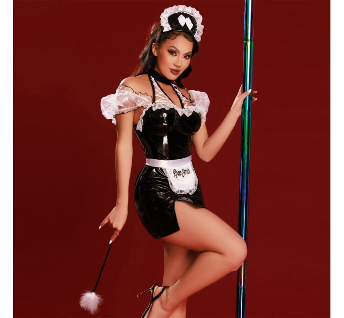 Еротичний костюм покоївки JSY «Дбайлива Кім» L/XL, сукня, стрінги, фартух, чепчик, мітелка