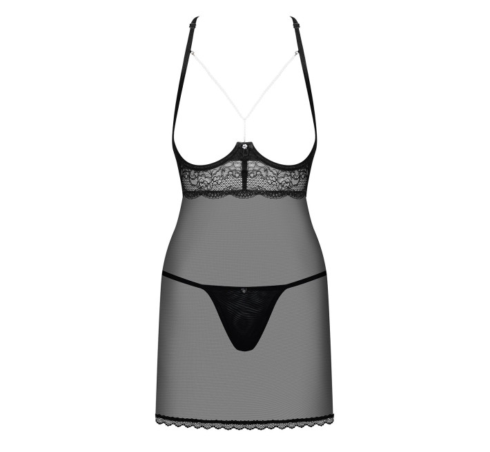 Прозора сорочка з відкритими грудьми Obsessive Pearlove chemise & thong black S/M