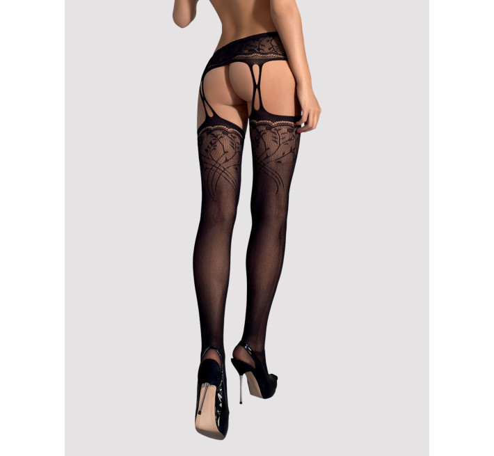 Чулки-стокинги с растительным рисунком Obsessive Garter stockings S206 черные S/M/L