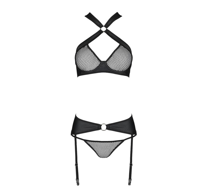 Набор сетчатый: бюстгальтер с халтером, трусики и пояс для чулок Passion Amanda Set black L/XL