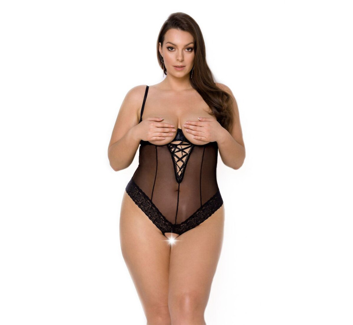 Боди Passion Exclusive North Body black 4XL/5XL, открытая грудь, с доступом, винил и кружева