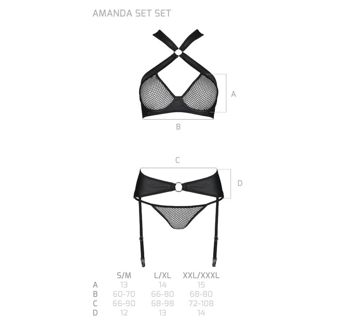 Набор сетчатый: бюстгальтер с халтером, трусики и пояс для чулок Passion Amanda Set black S/M