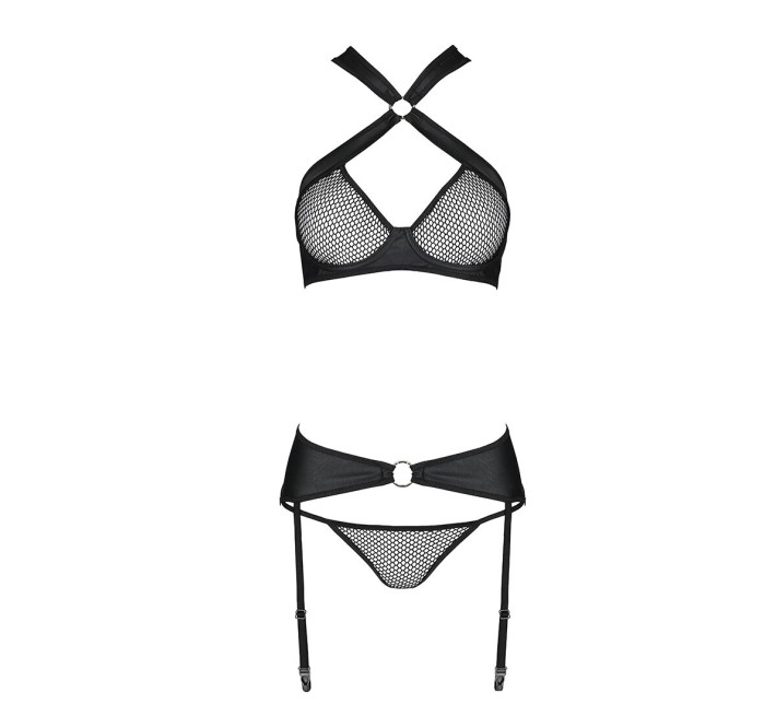 Набор сетчатый: бюстгальтер с халтером, трусики и пояс для чулок Passion Amanda Set black S/M