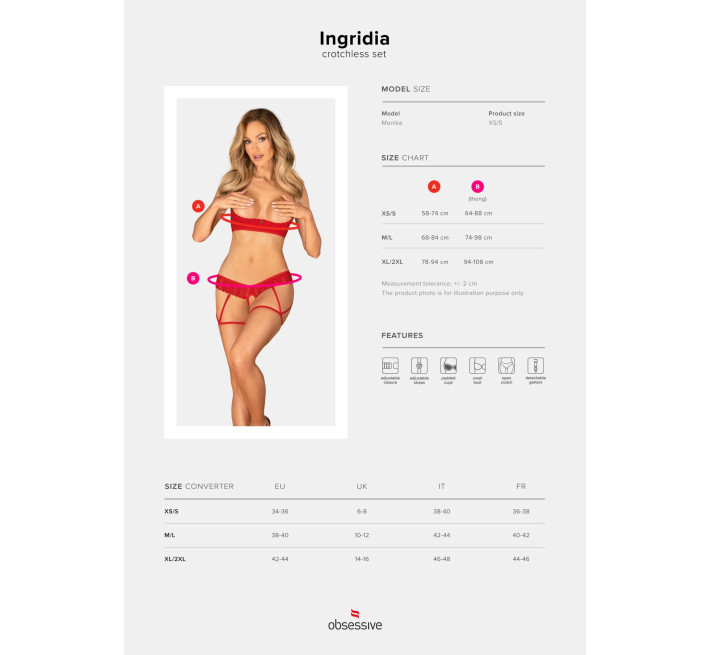 Комплект Obsessive Ingridia 2-pcs crotchless set XL/2XL, червоний, з доступом, відкриті груди
